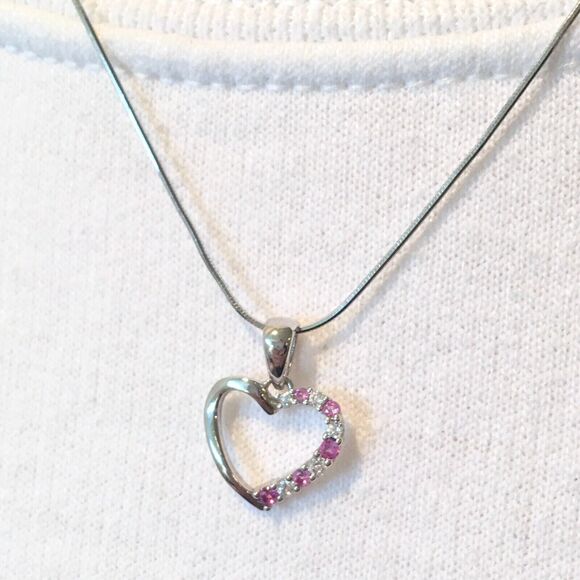 Sterling Silver Pink Sapphire Necklace Lab Created CZ Heart Pendant Snake Chain - Picture 5 of 16